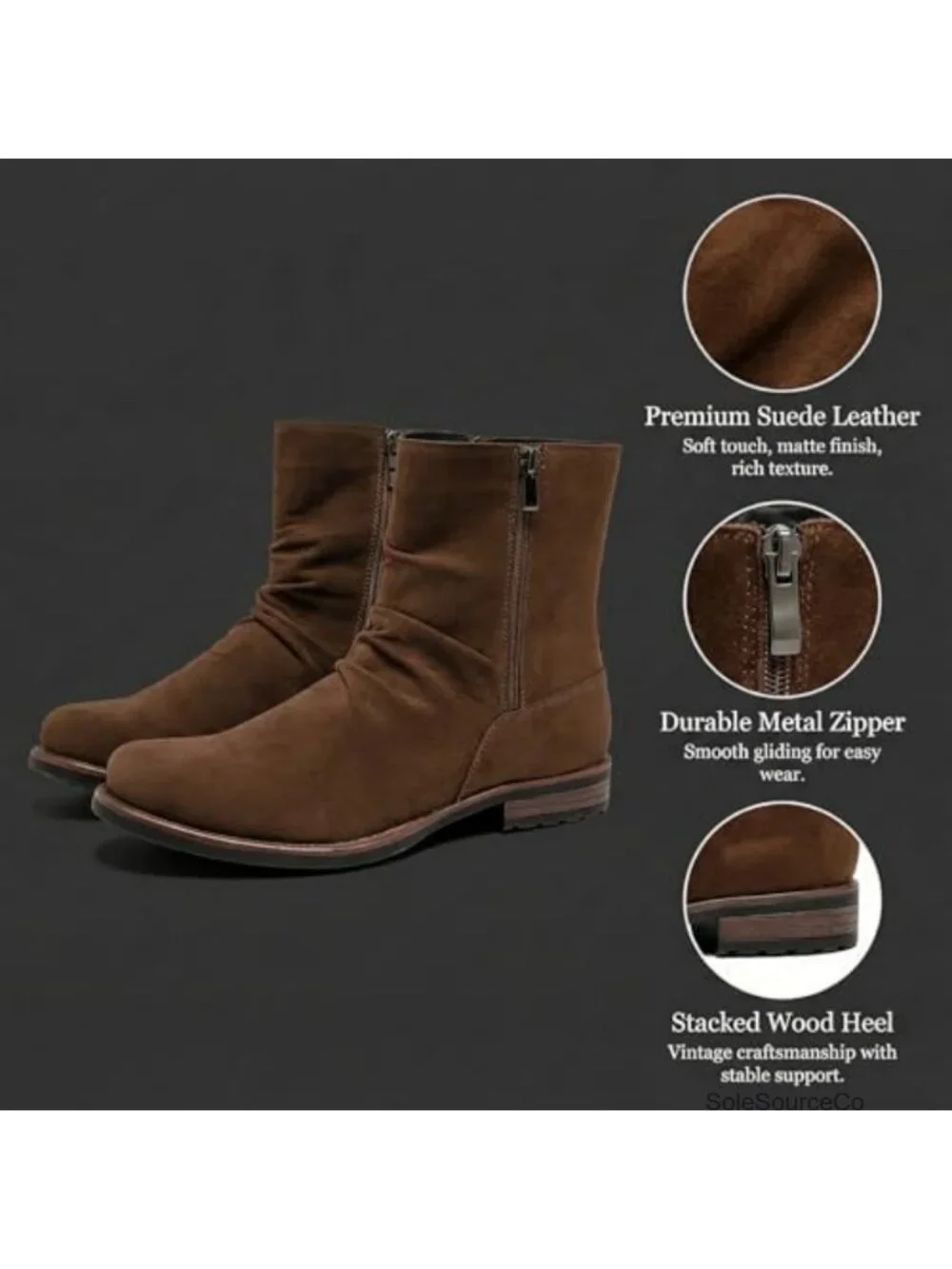 Men's Suede-Look Slouch Zip Mid-Calf Boot Rounded Toe Low Stacked Heel